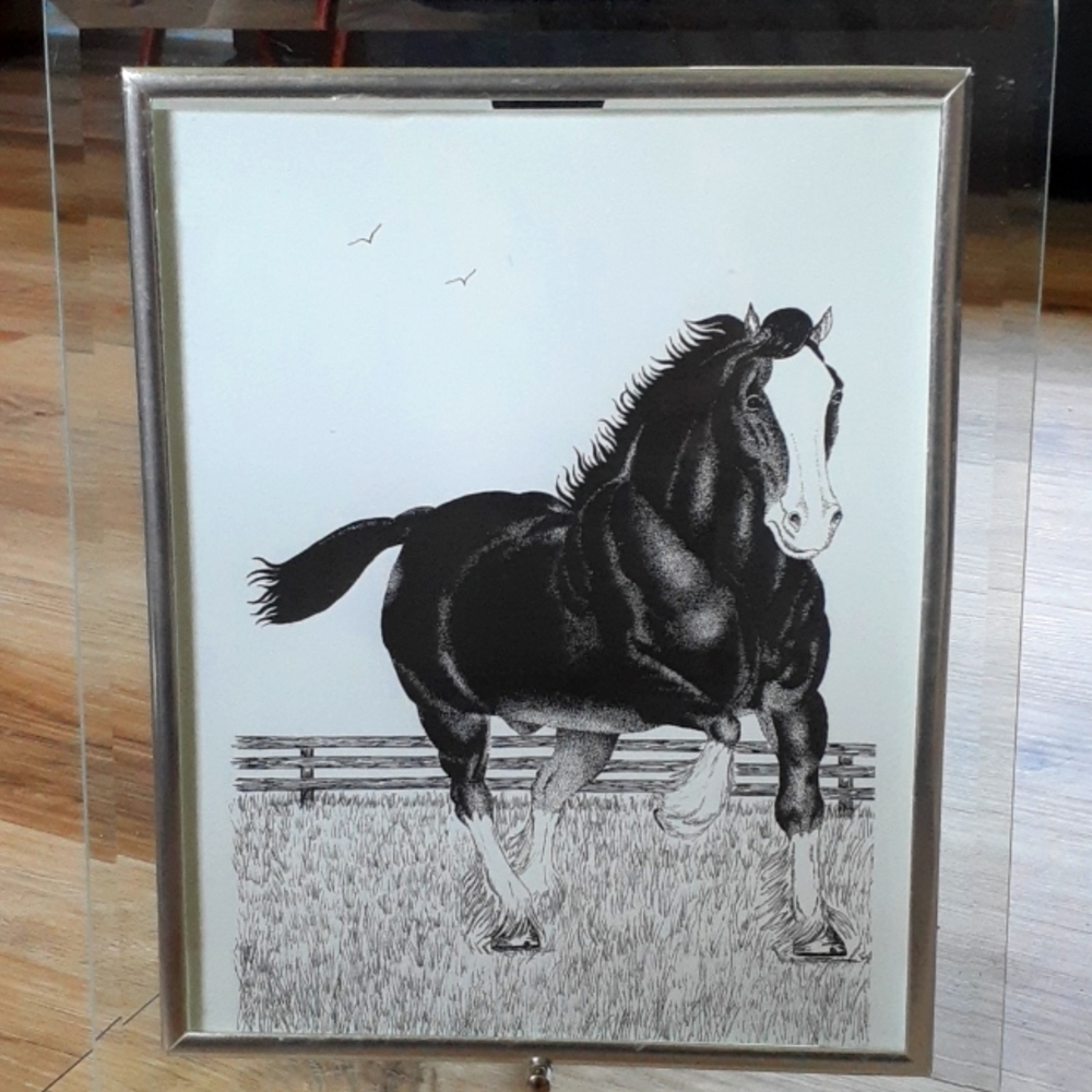 Hand Crafted Clydesdale Horse Pen & Ink Print Glass Frame